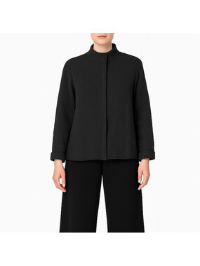 Eileen Fisher Textured Black Mandarin Collar Jacket Silk Blend Minimalist Medium